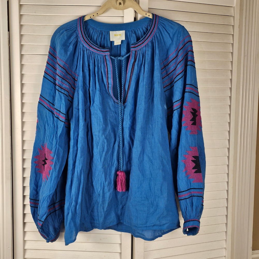Maeve‎ Anthropologie Womens Blue Runaway Embroidered Peasant Top Small